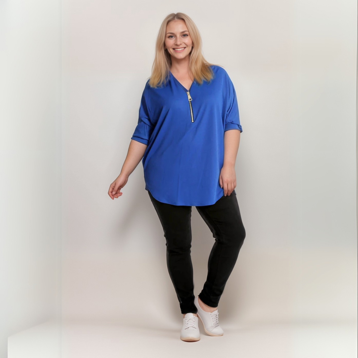 Dipped Hem Batwing Blouse with Zip V-Neck - Various Colour Options