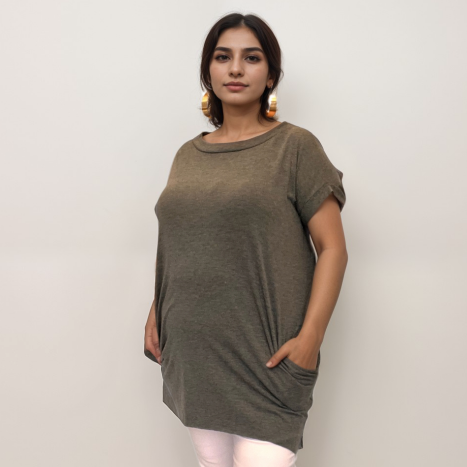 Long Dipped-Hem T-Shirt with Side Pockets - Various Colour Options