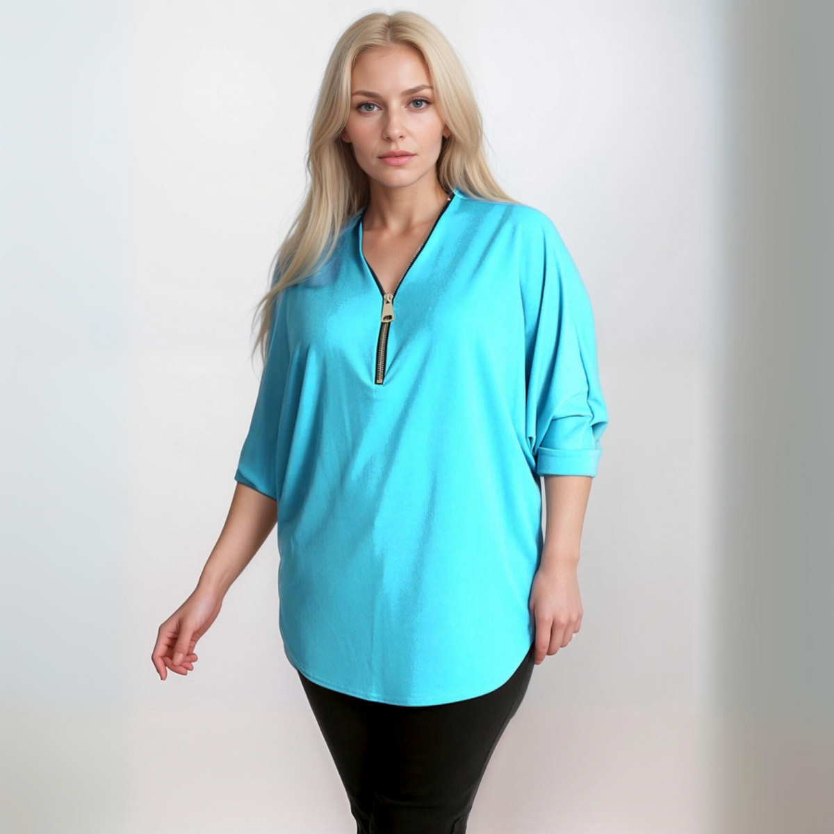 Dipped Hem Batwing Blouse with Zip V-Neck - Various Colour Options