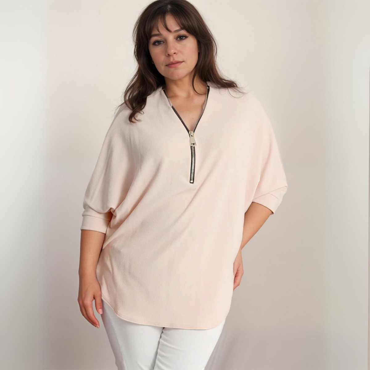 Dipped Hem Batwing Blouse with Zip V-Neck - Various Colour Options