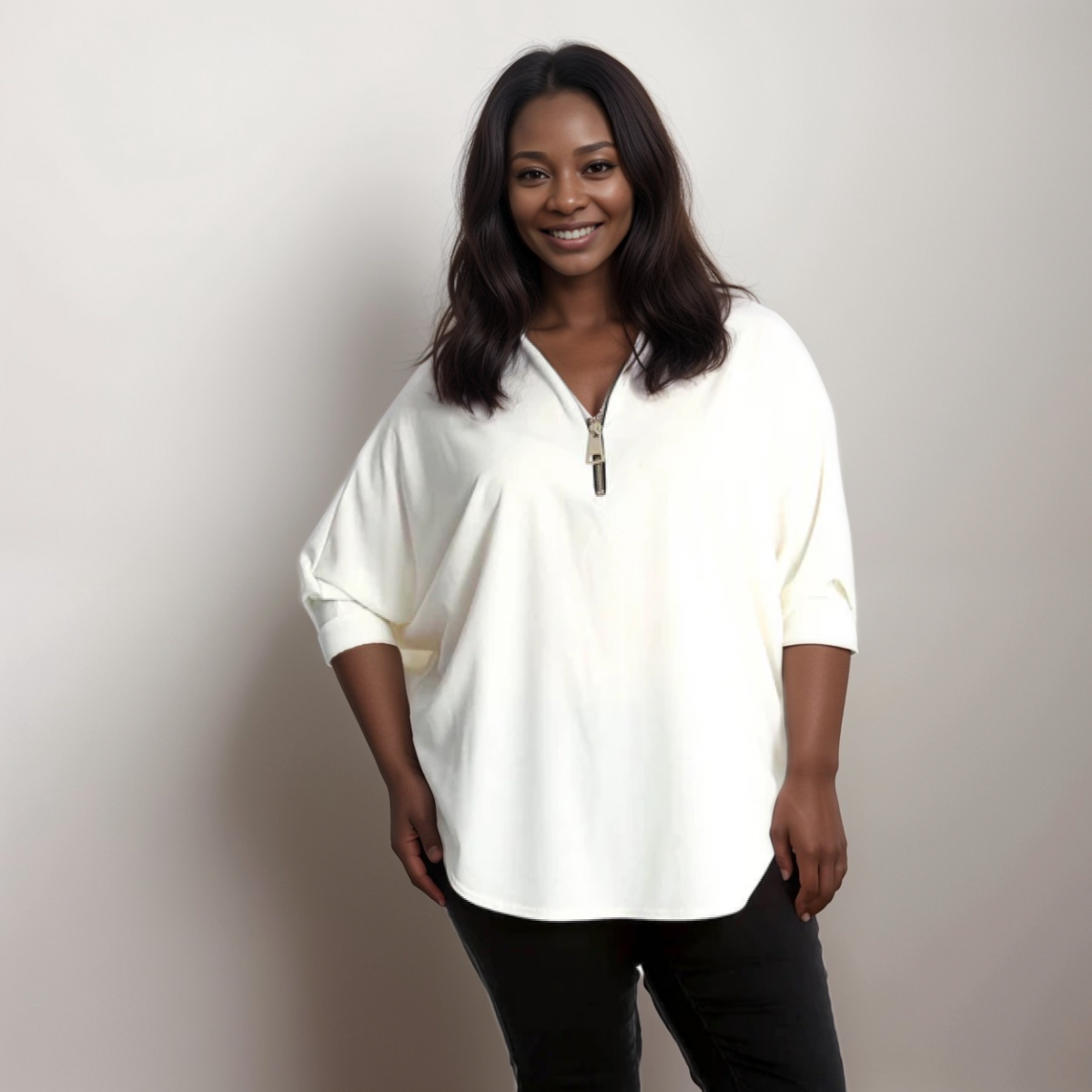 Dipped Hem Batwing Blouse with Zip V-Neck - Various Colour Options