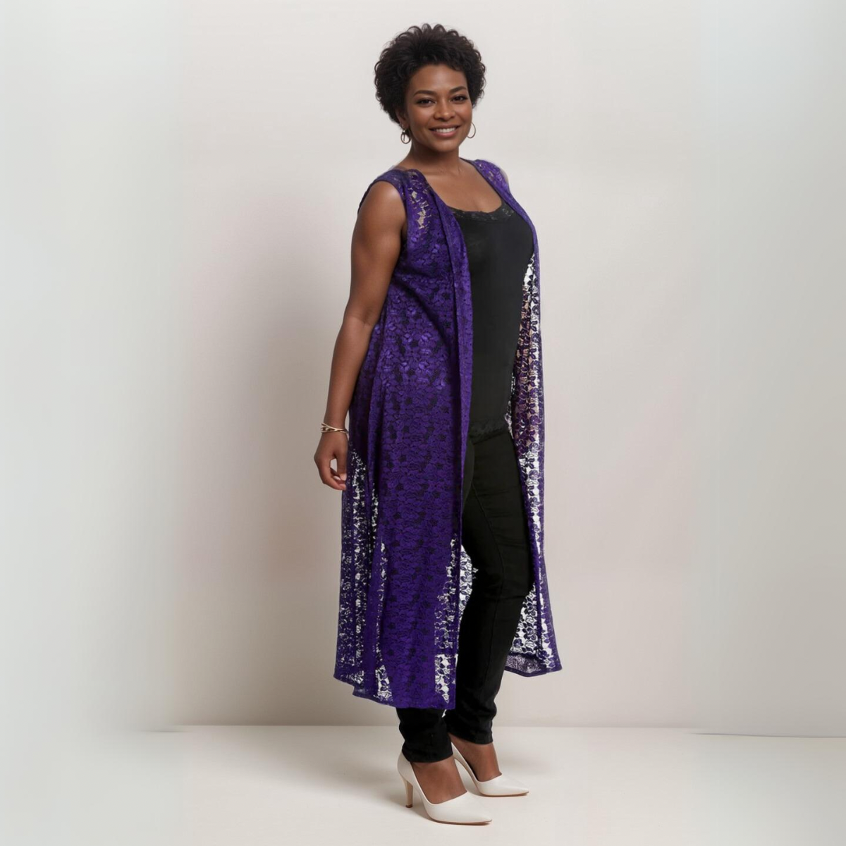 Sleeveless Lace Open Front Duster Jacket - Various Colours