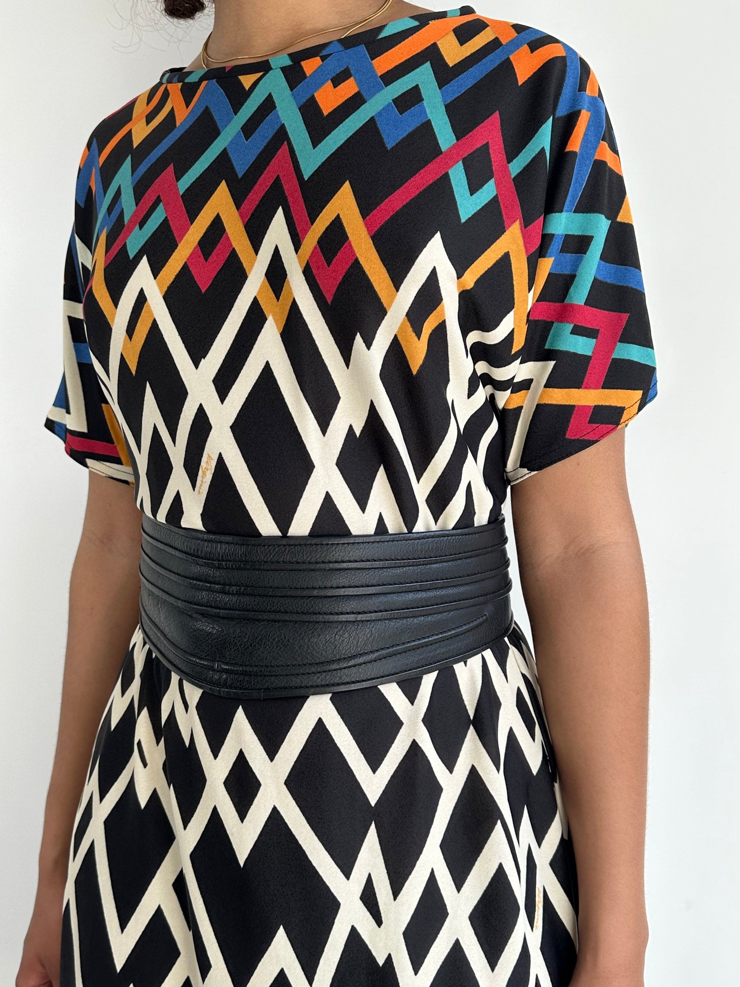 Original Vintage 1980's Virginie Paris Geometric Print Dress UK 8 - 12