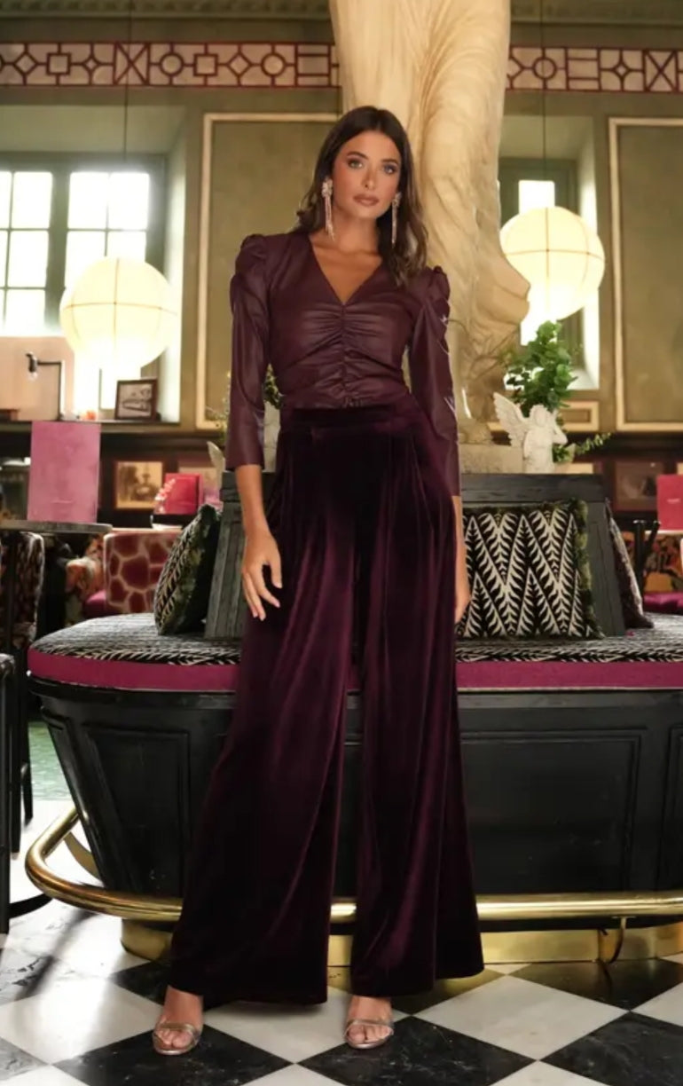 Burgundy Velvet Wide Leg Trousers