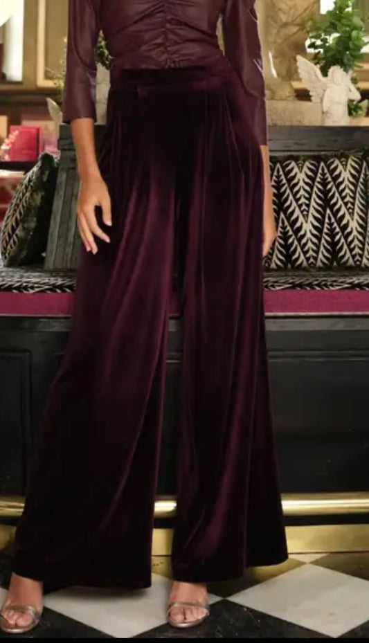 Burgundy Velvet Wide Leg Trousers