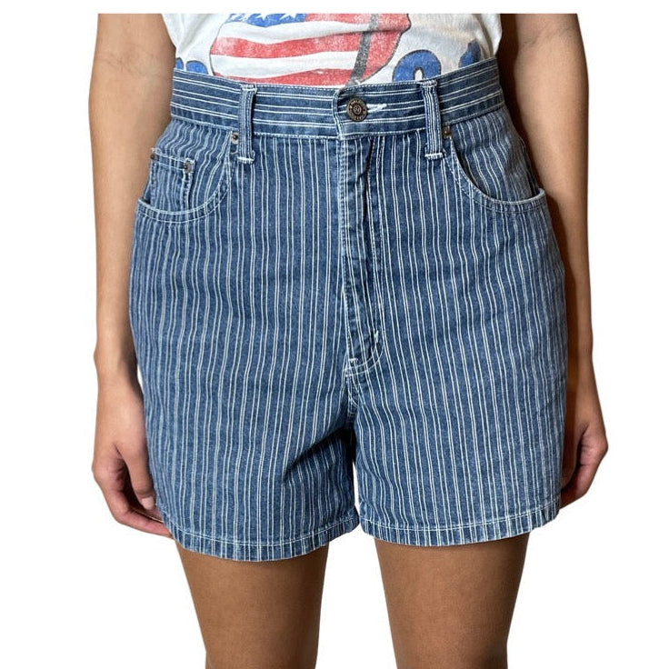 Original Vintage Halston Pin Striped Denim Shorts UK 10