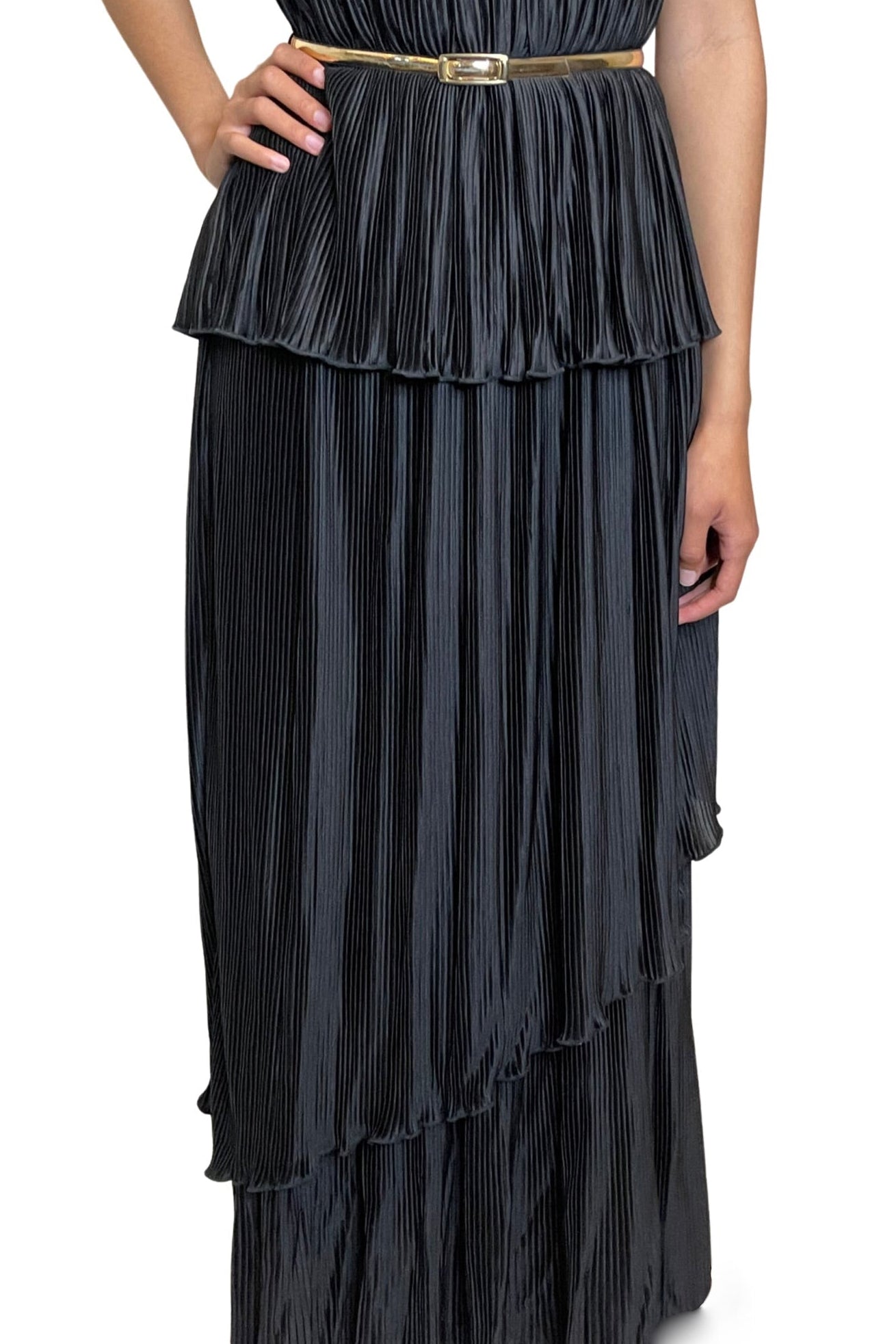 Vintage 1970's Black Thin Pleated & Tiered High Collar Dress UK 10 - 12