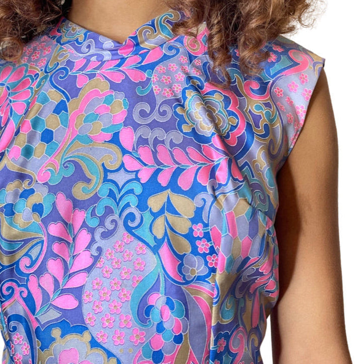 1960's Original Vintage Pure Silk Paisley Blue & Pink Pure Silk Dress UK 12 - 14