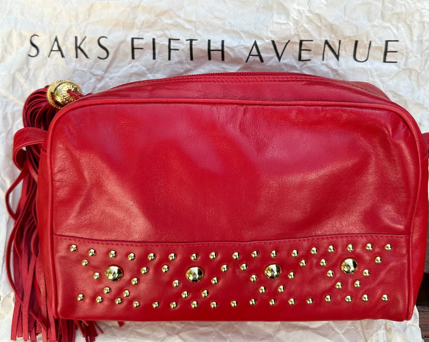 Original Preloved Saks Fifth Avenue - New York Soft Red Leather Gold Studded Shoulder Bag