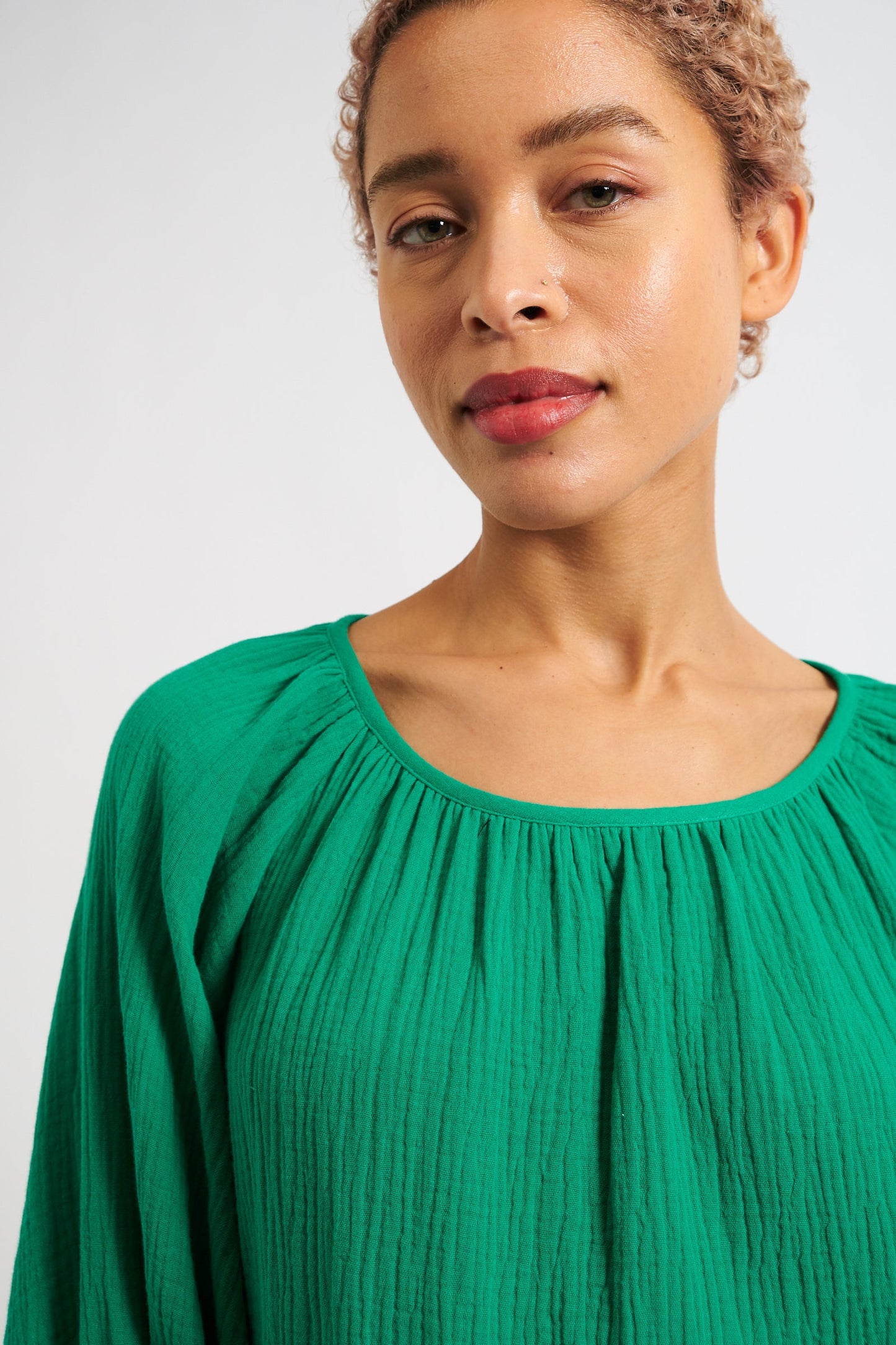 Green Balloon Sleeve Gauze Top
