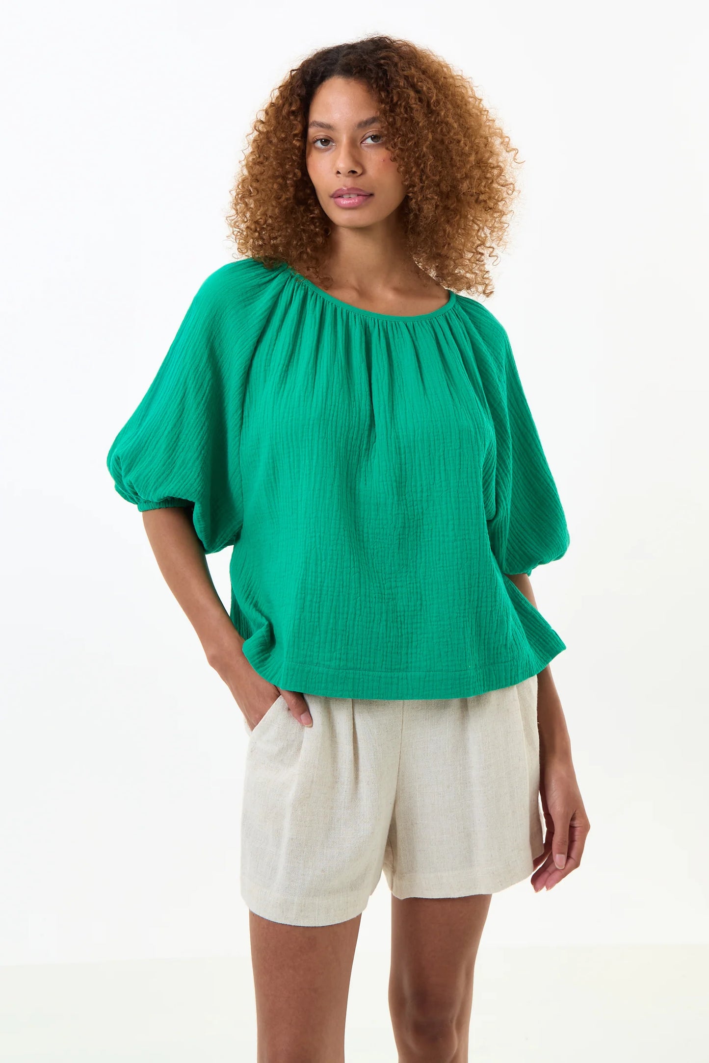 Green Balloon Sleeve Gauze Top