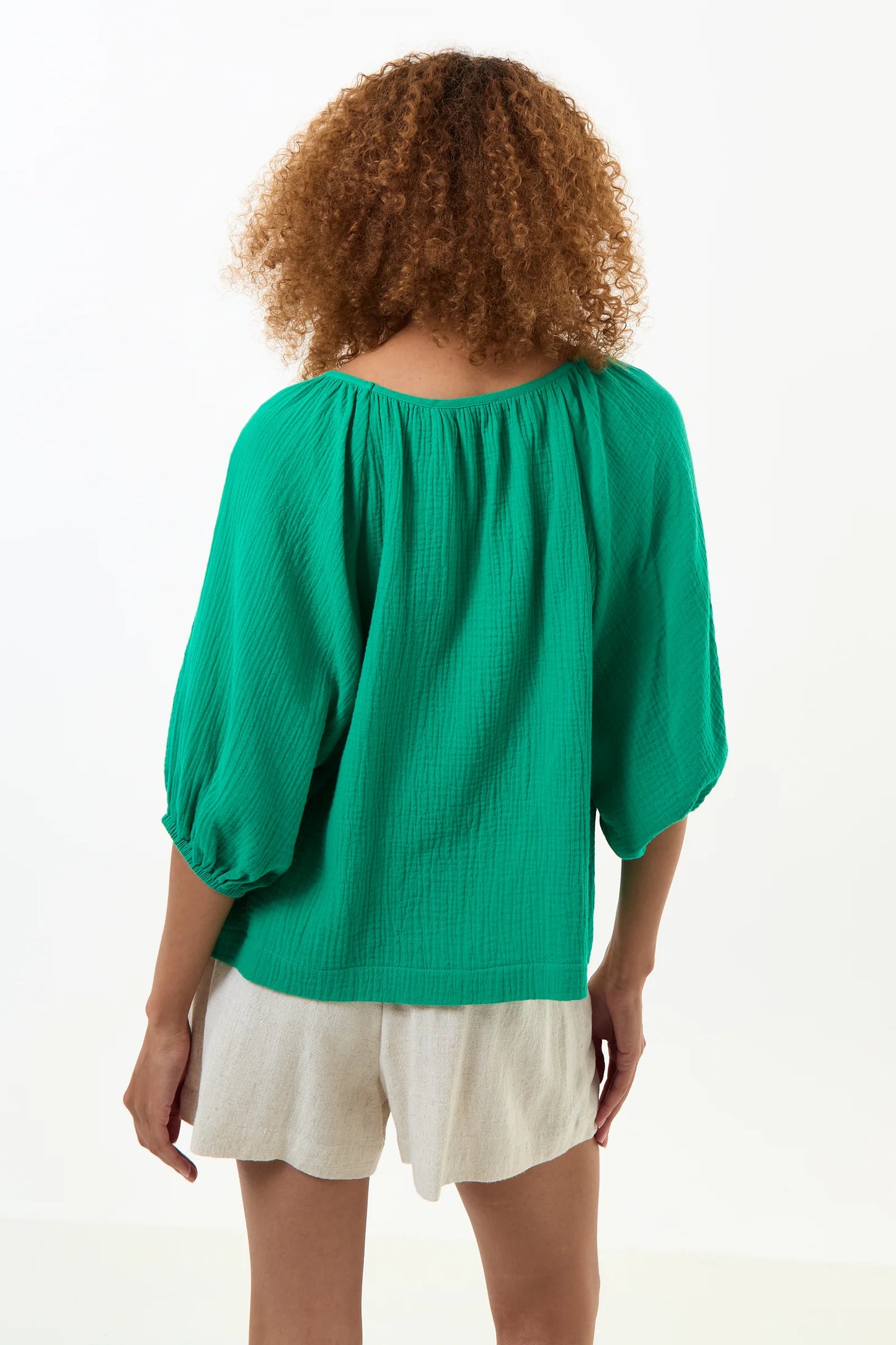Green Balloon Sleeve Gauze Top
