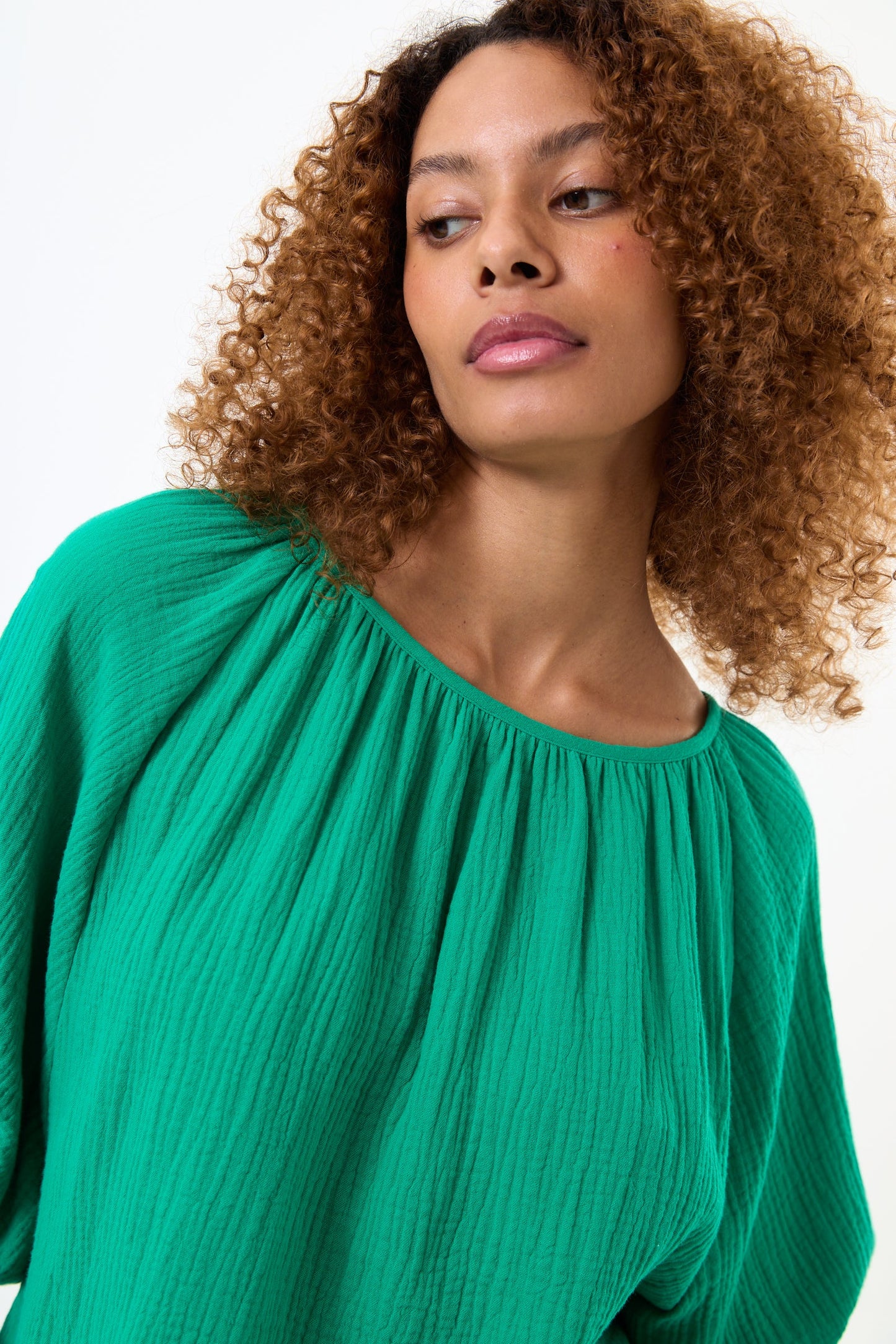 Green Balloon Sleeve Gauze Top