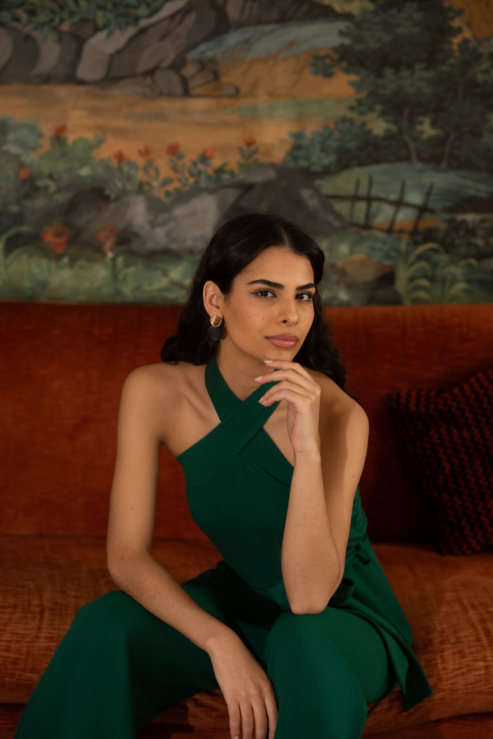 Green Cross Over Halter Neck Jumpsuit - Sizes 8 to 16