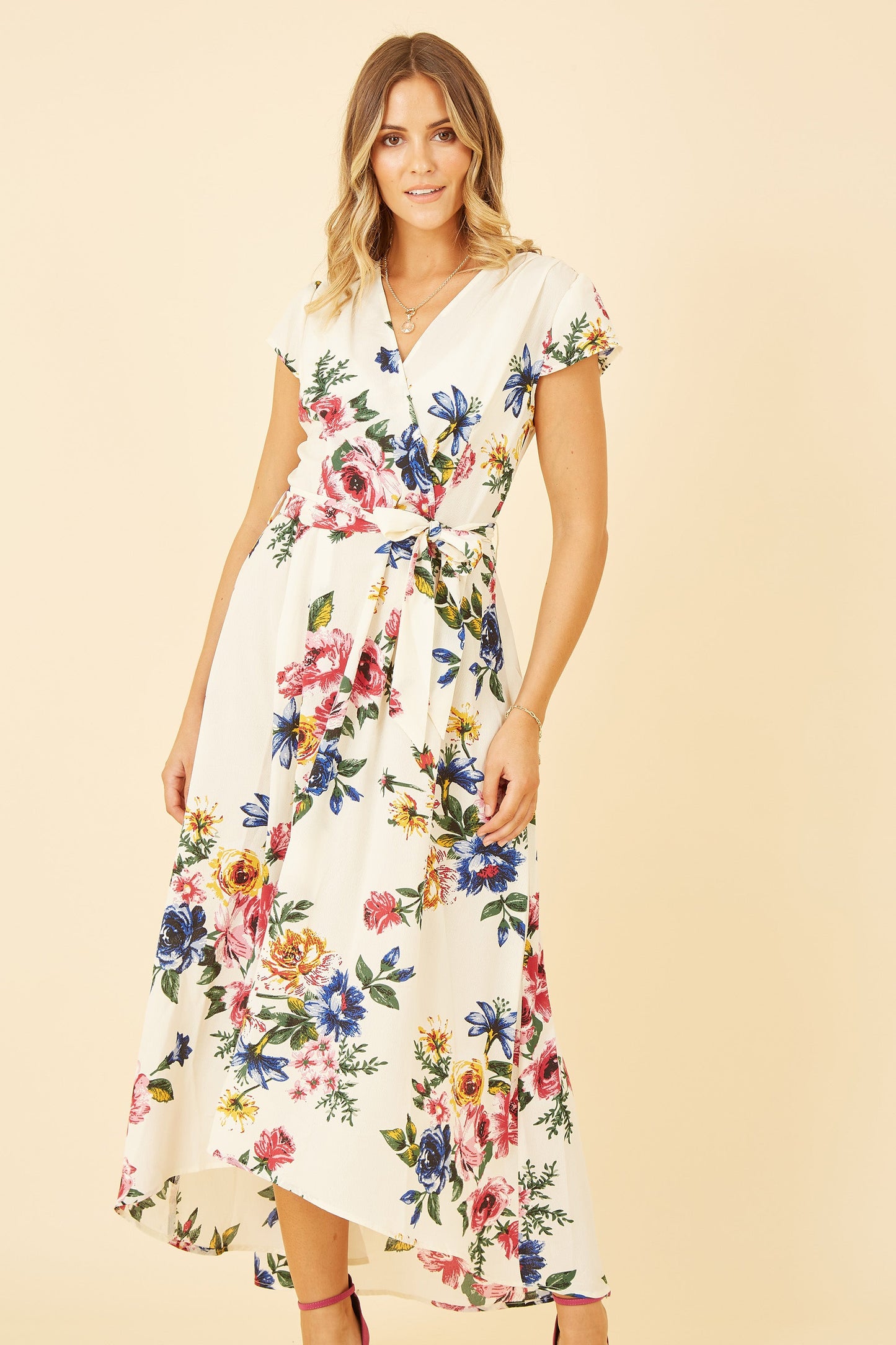 Ivory Floral Wrap Dip Hem Dress