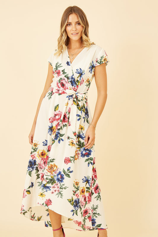 Ivory Floral Wrap Dip Hem Dress