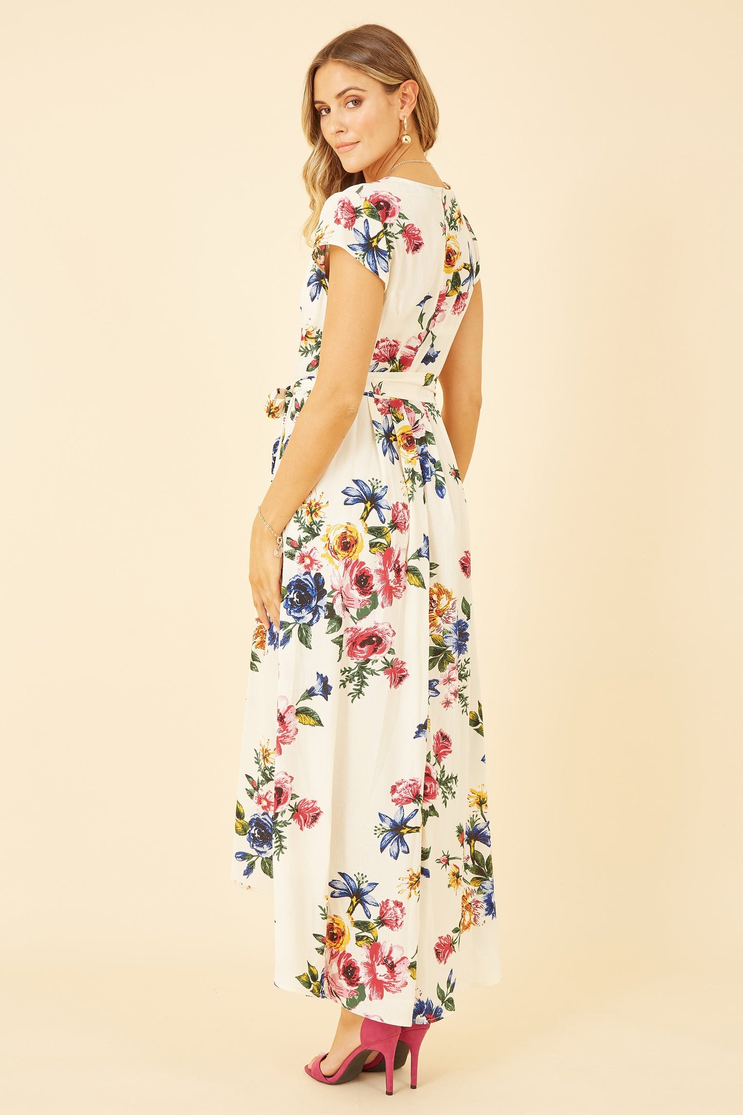 Ivory Floral Wrap Dip Hem Dress
