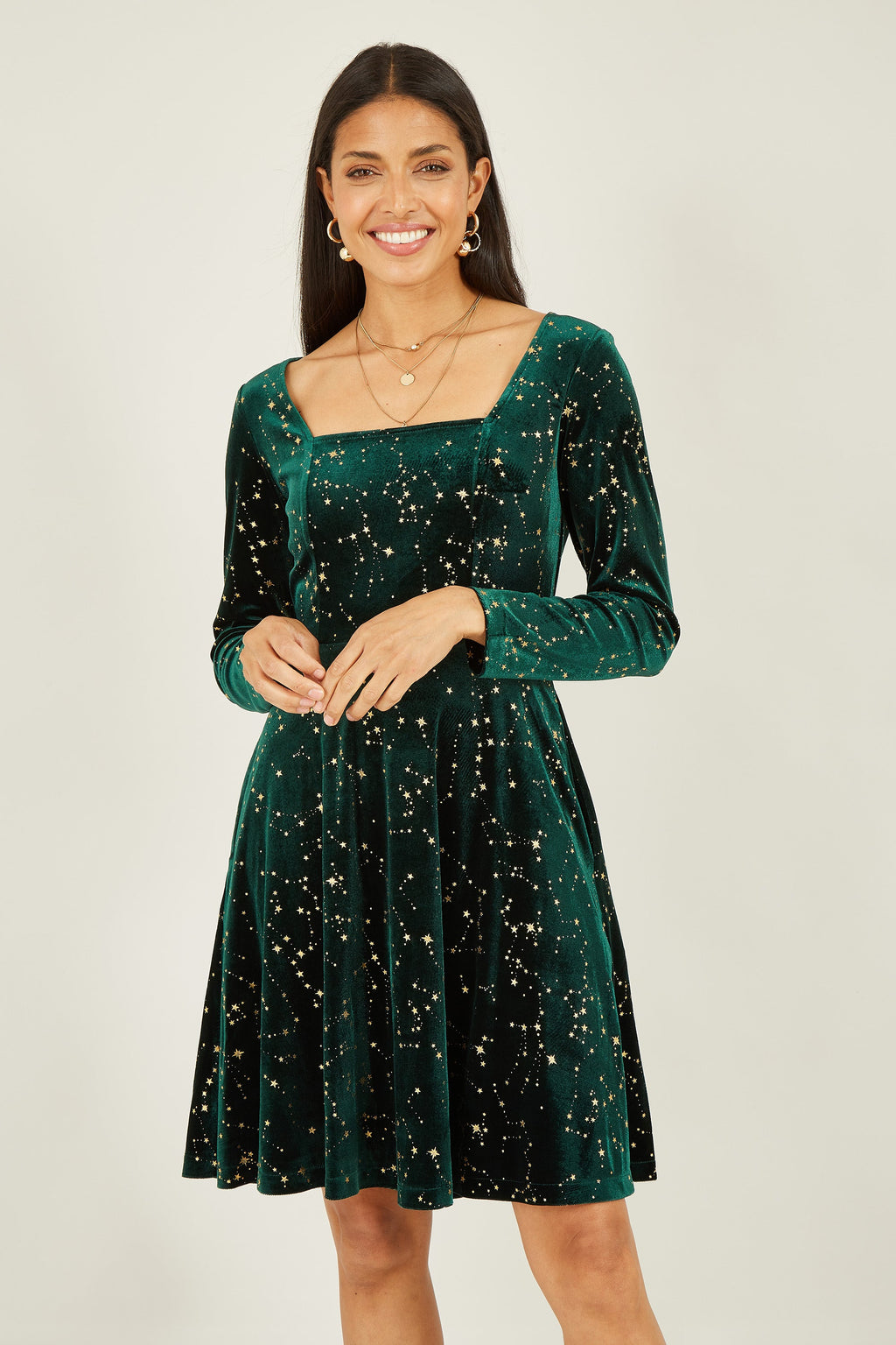 Green Velvet Star Foil Print Dress - Sizes 8 to 18