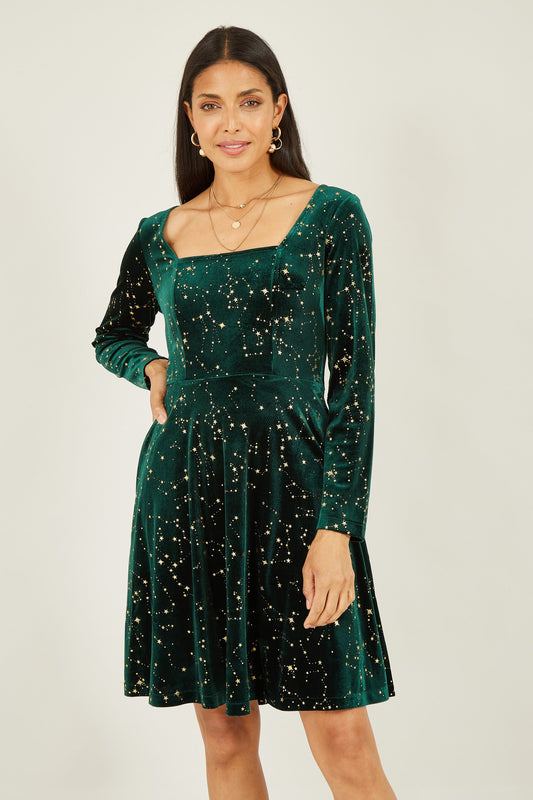 Green Velvet Star Foil Print Dress - Sizes 8 to 18