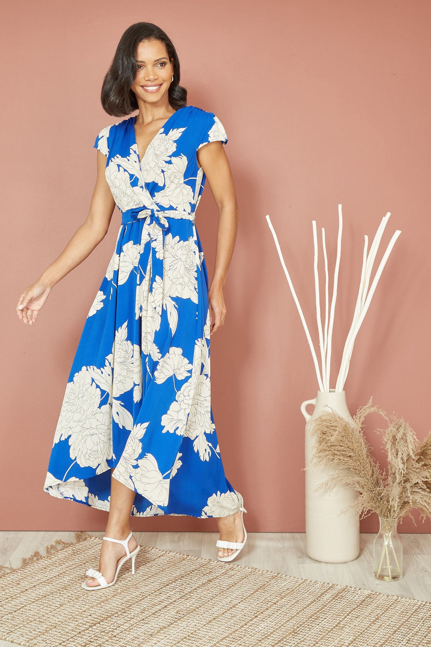Blue Blossom Print Wrap Midi With Dipped Hem