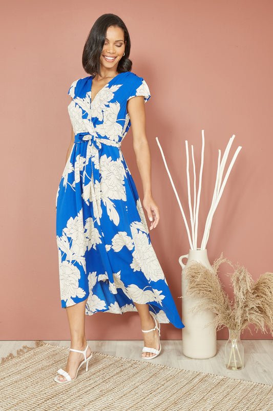 Blue Blossom Print Wrap Midi With Dipped Hem