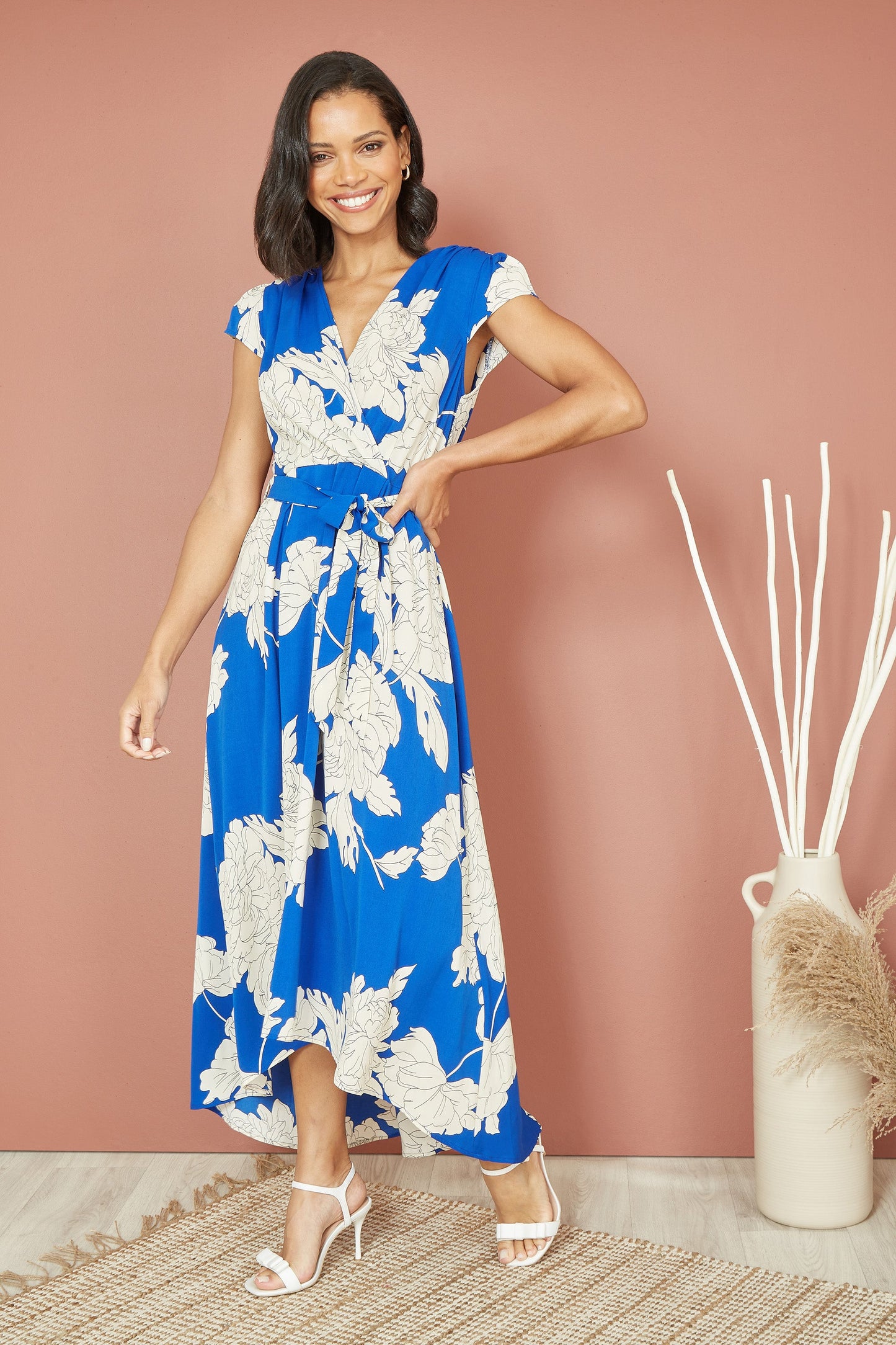 Blue Blossom Print Wrap Midi With Dipped Hem