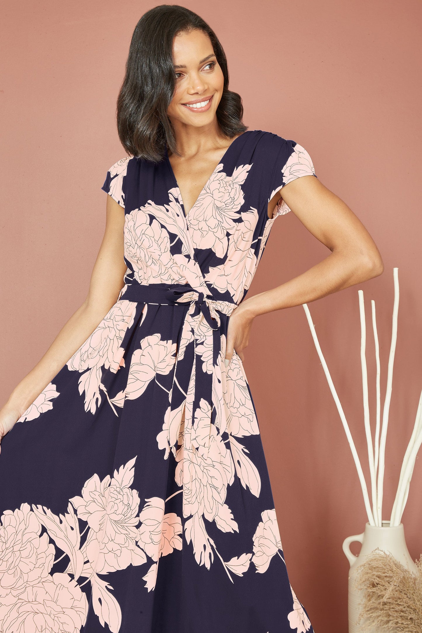 Navy Blossom Print Wrap Midi With Dipped Hem