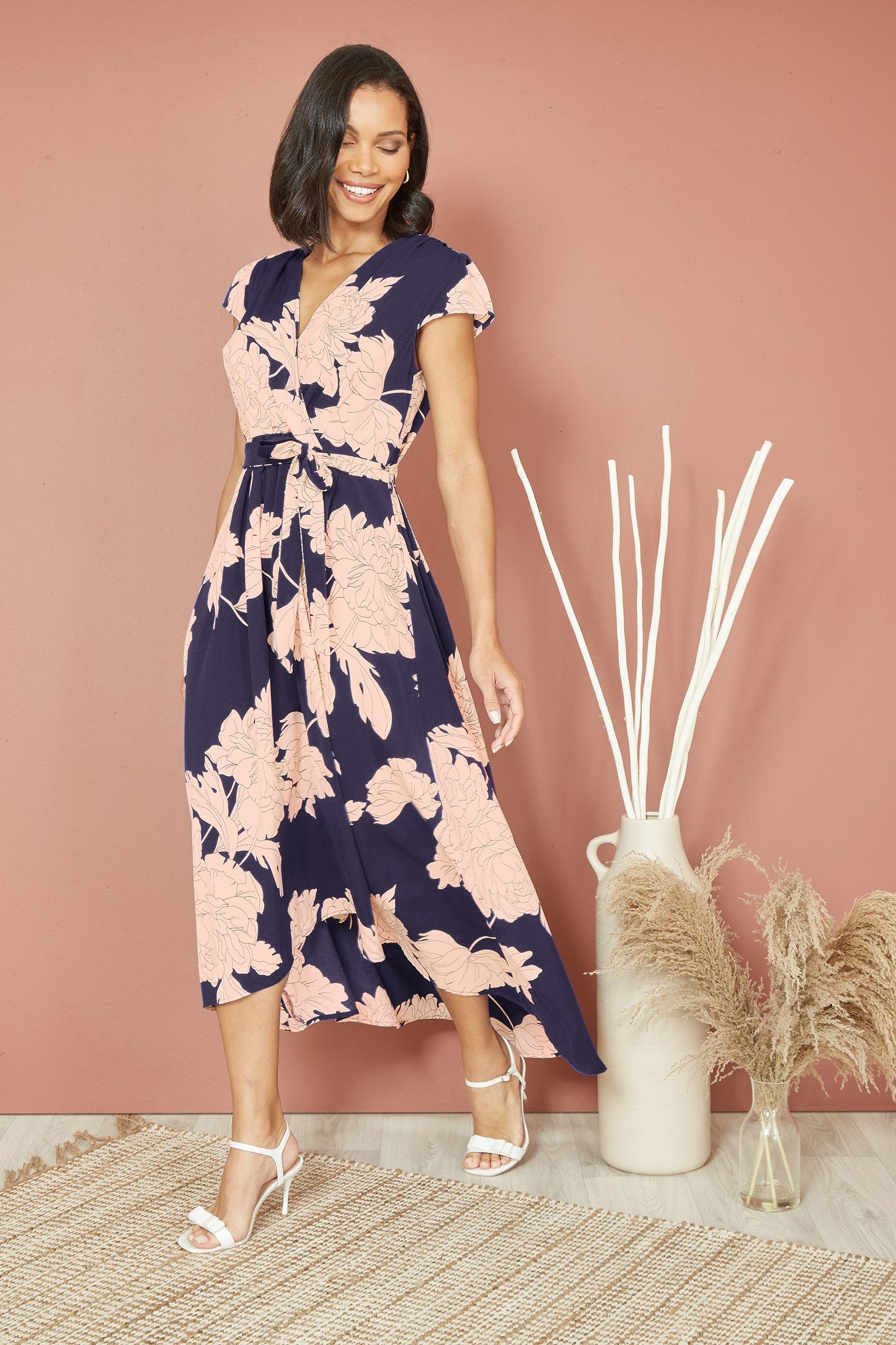 Navy Blossom Print Wrap Midi With Dipped Hem
