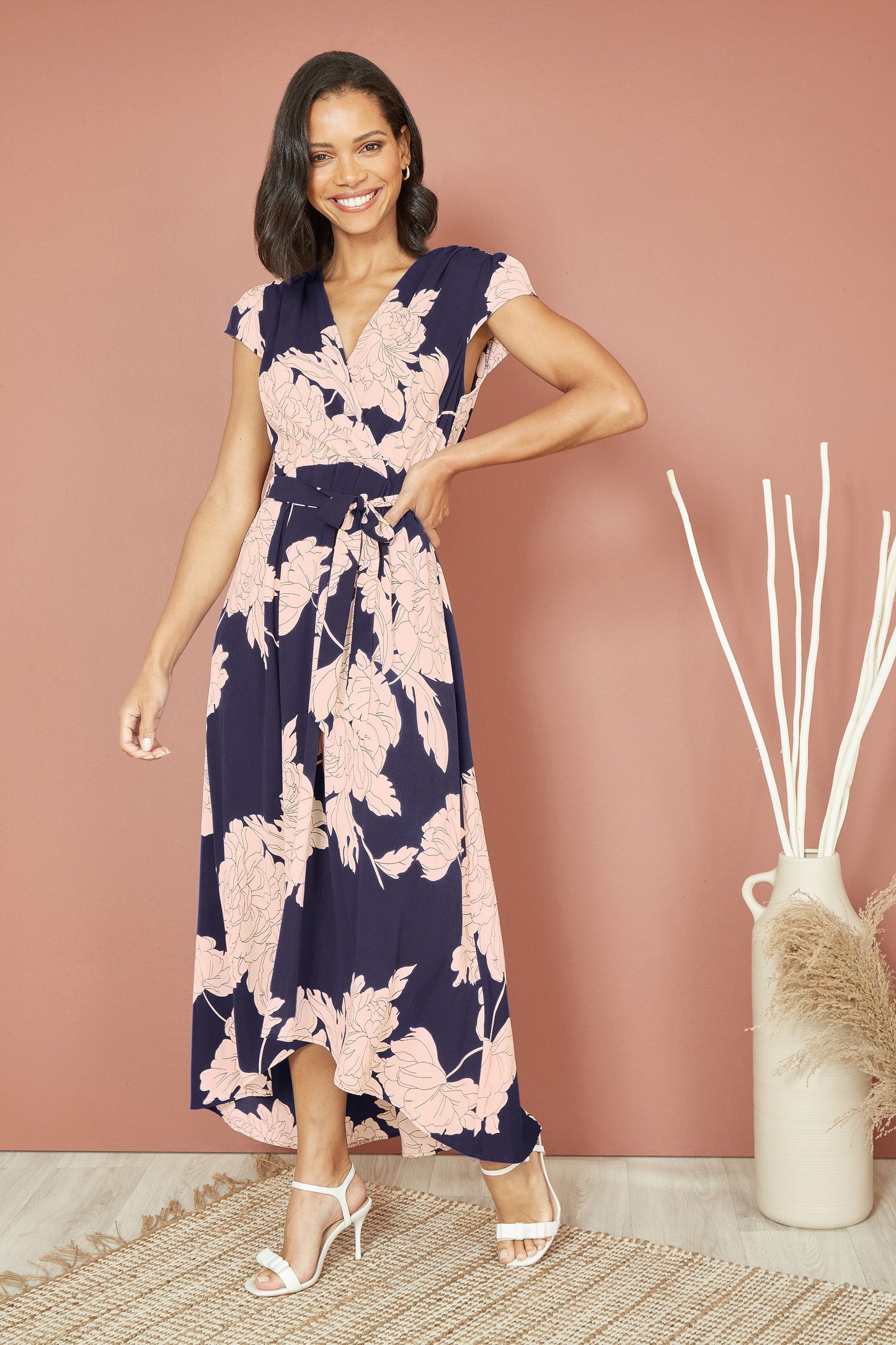 Navy Blossom Print Wrap Midi With Dipped Hem