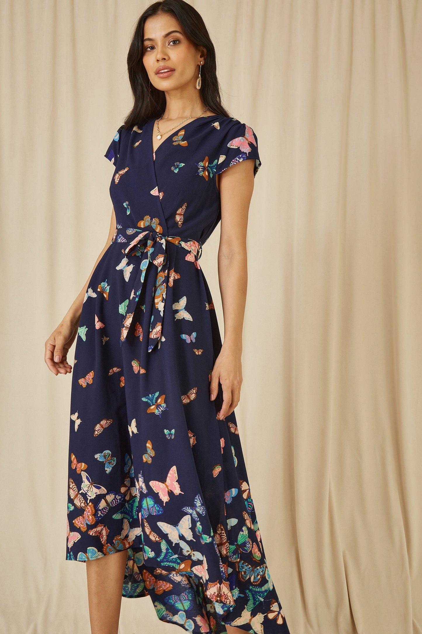 Navy Butterfly Print Dip Hem Midi Wrap Dress