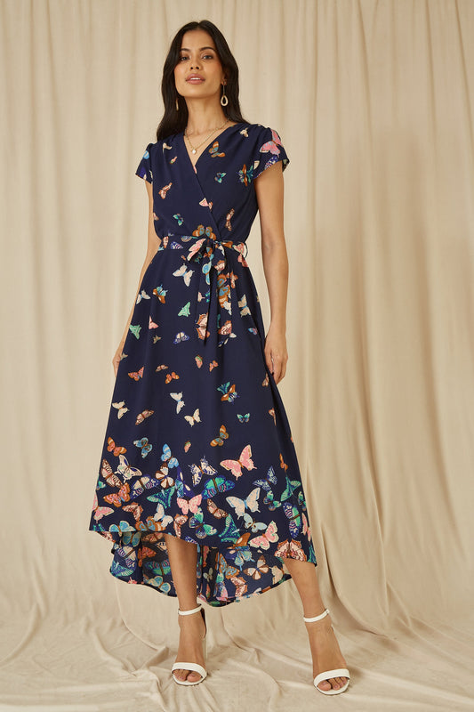 Navy Butterfly Print Dip Hem Midi Wrap Dress
