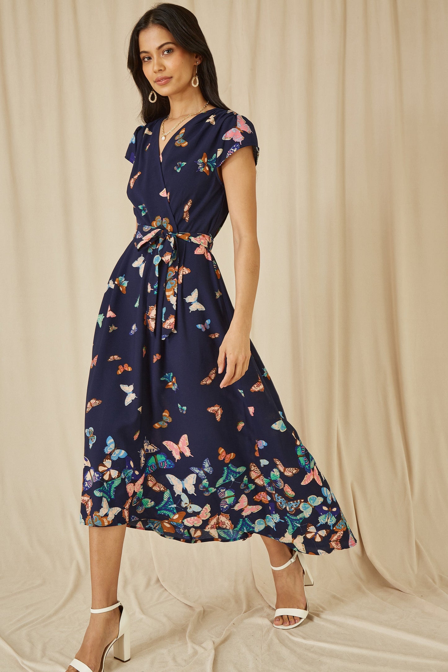 Navy Butterfly Print Dip Hem Midi Wrap Dress