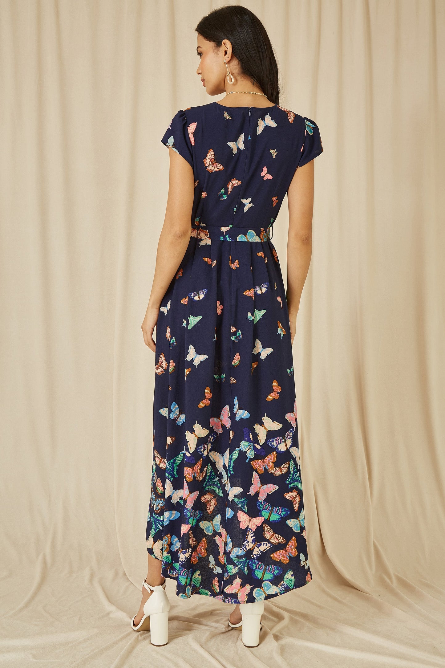 Navy Butterfly Print Dip Hem Midi Wrap Dress