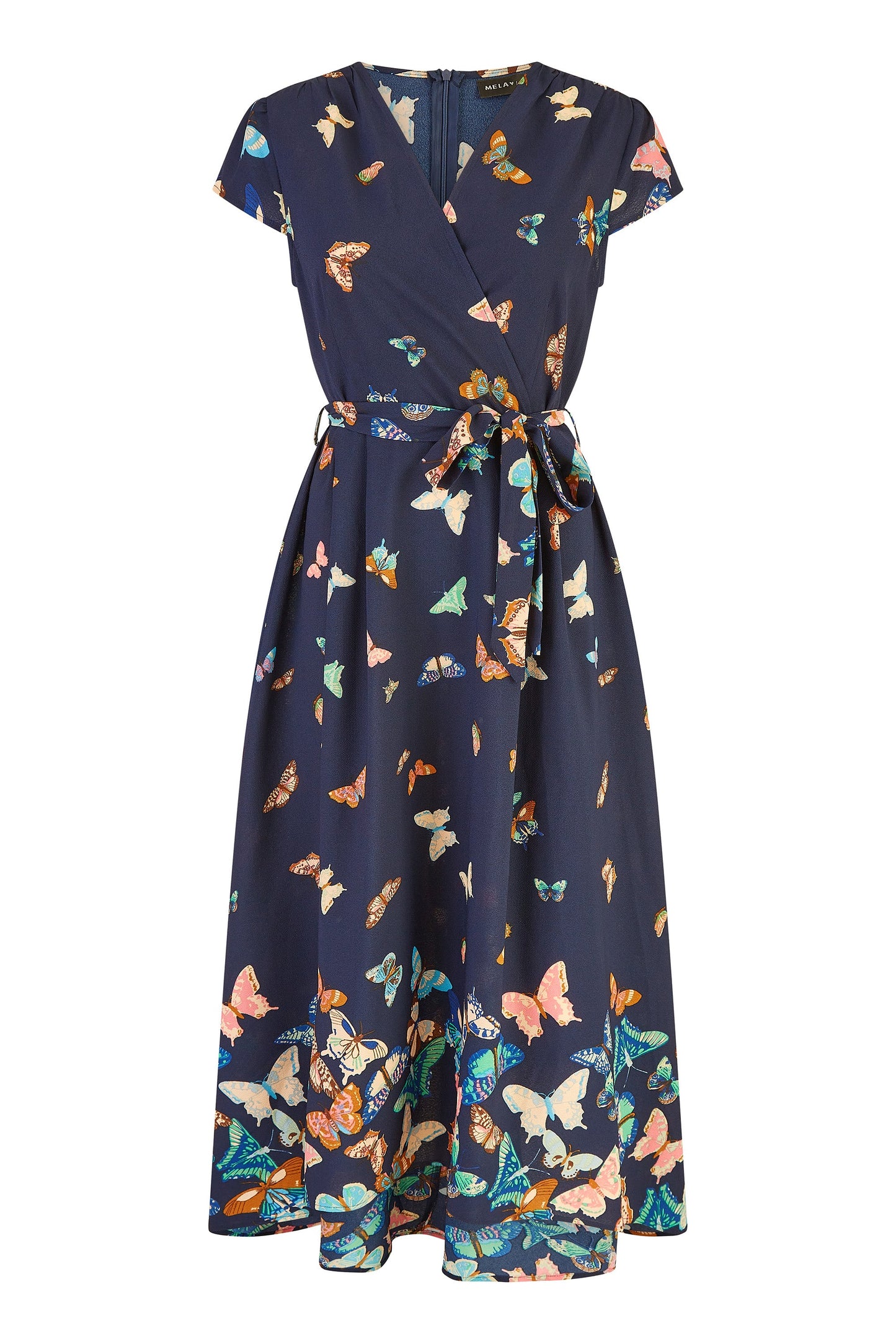Navy Butterfly Print Dip Hem Midi Wrap Dress
