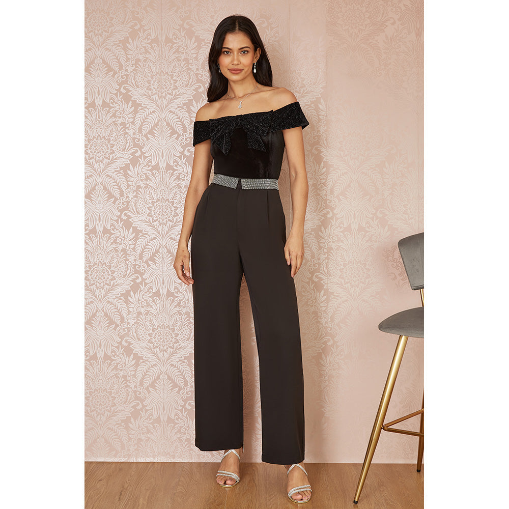 Black Sparkle Velvet Bow Bardot Top - Sizes 8 to 16