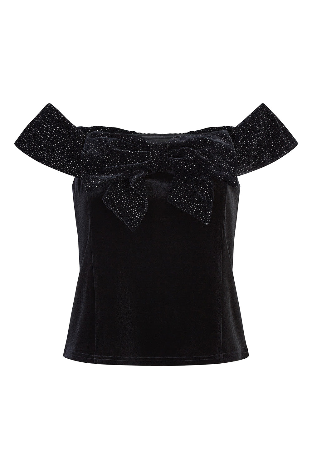 Black Sparkle Velvet Bow Bardot Top - Sizes 8 to 16