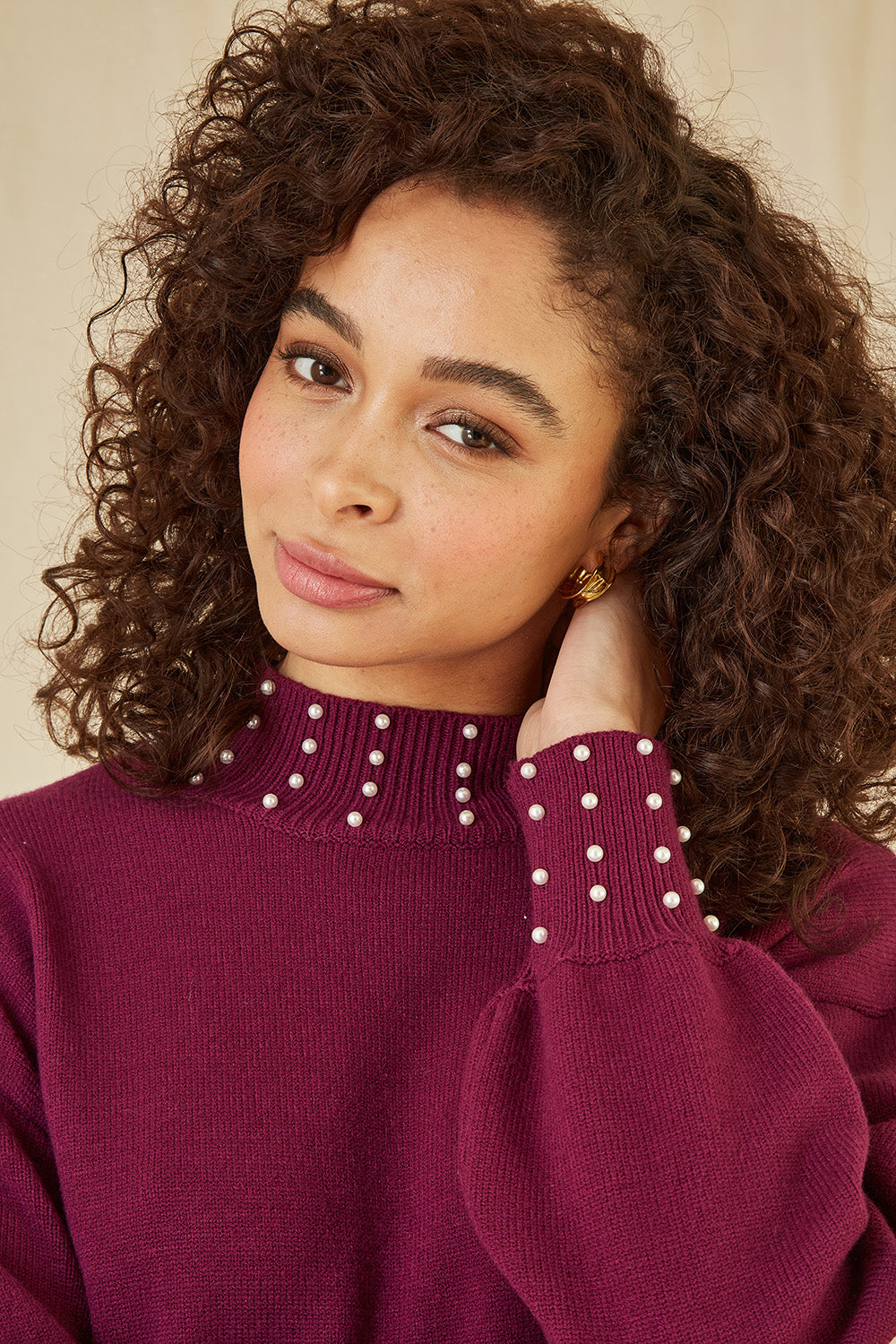 Plum Pearl Detail Jumper Dress