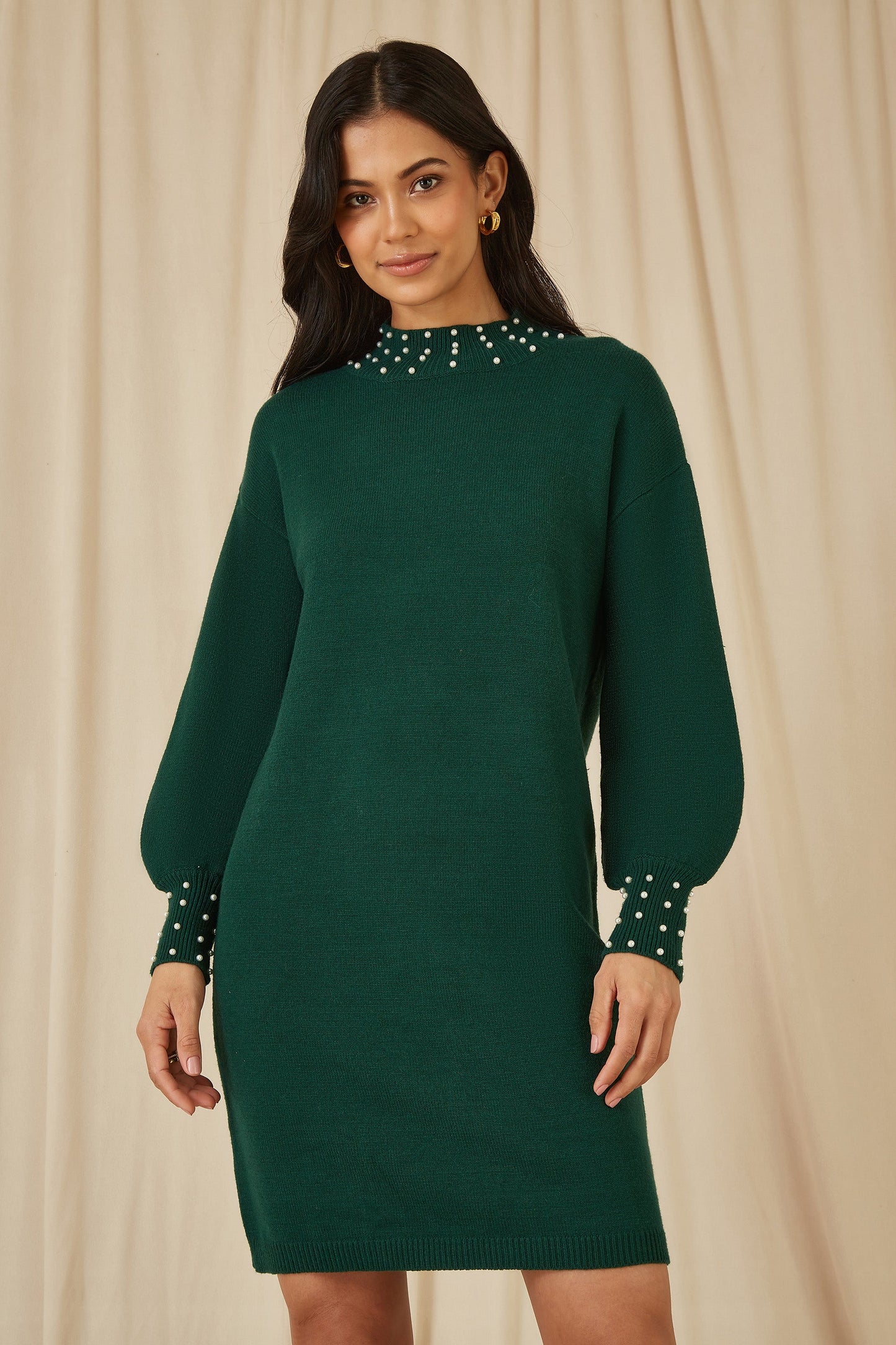 Green Pearl Detail Knitted Relaxed Jumper Dress