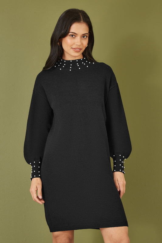 Black Pearl Detail Knitted Relaxed Jumper Dress