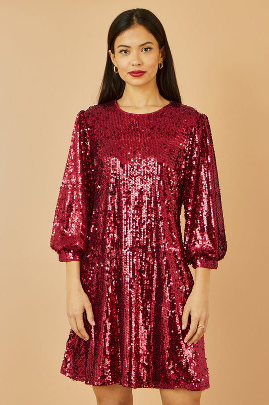 Burgundy Sequin Tunic Dress With Balloon Sleeves - Sizes 8 to 16