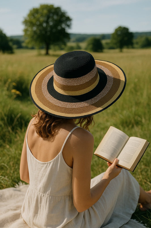 Black,Gold and Natural Striped Straw Hat