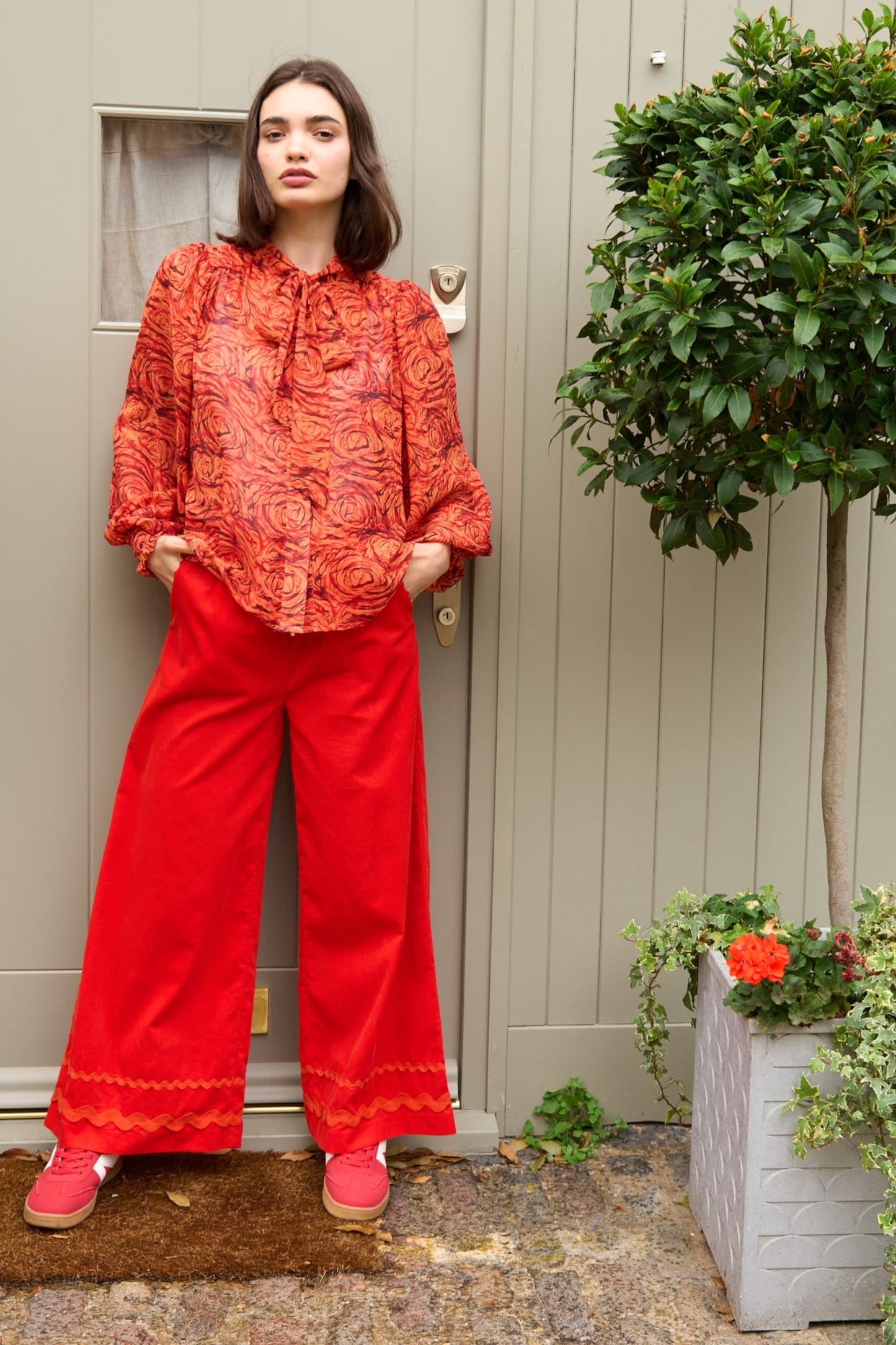Red Babycord Ric Rac Trim Wide Leg Trousers