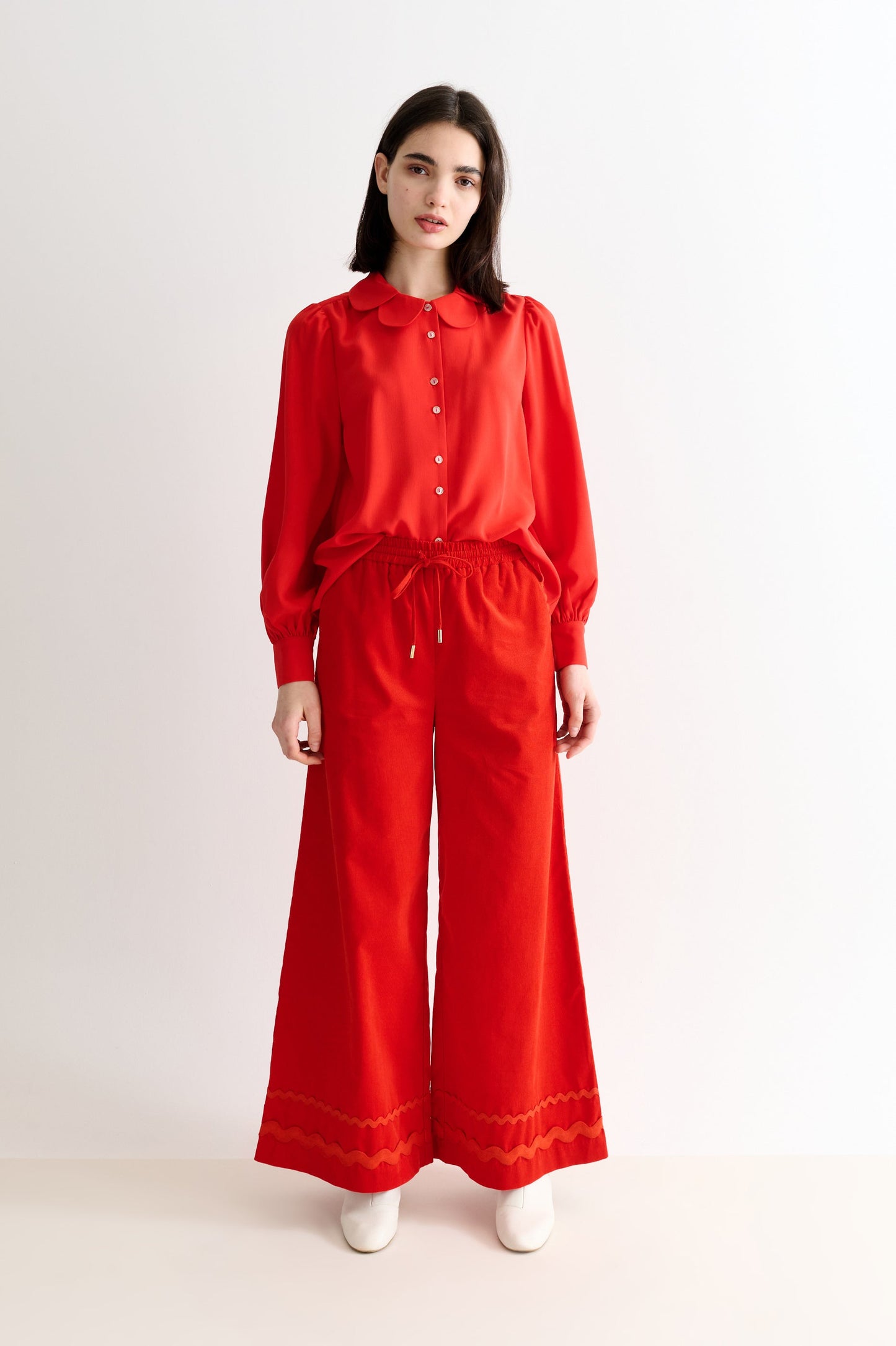Red Babycord Ric Rac Trim Wide Leg Trousers