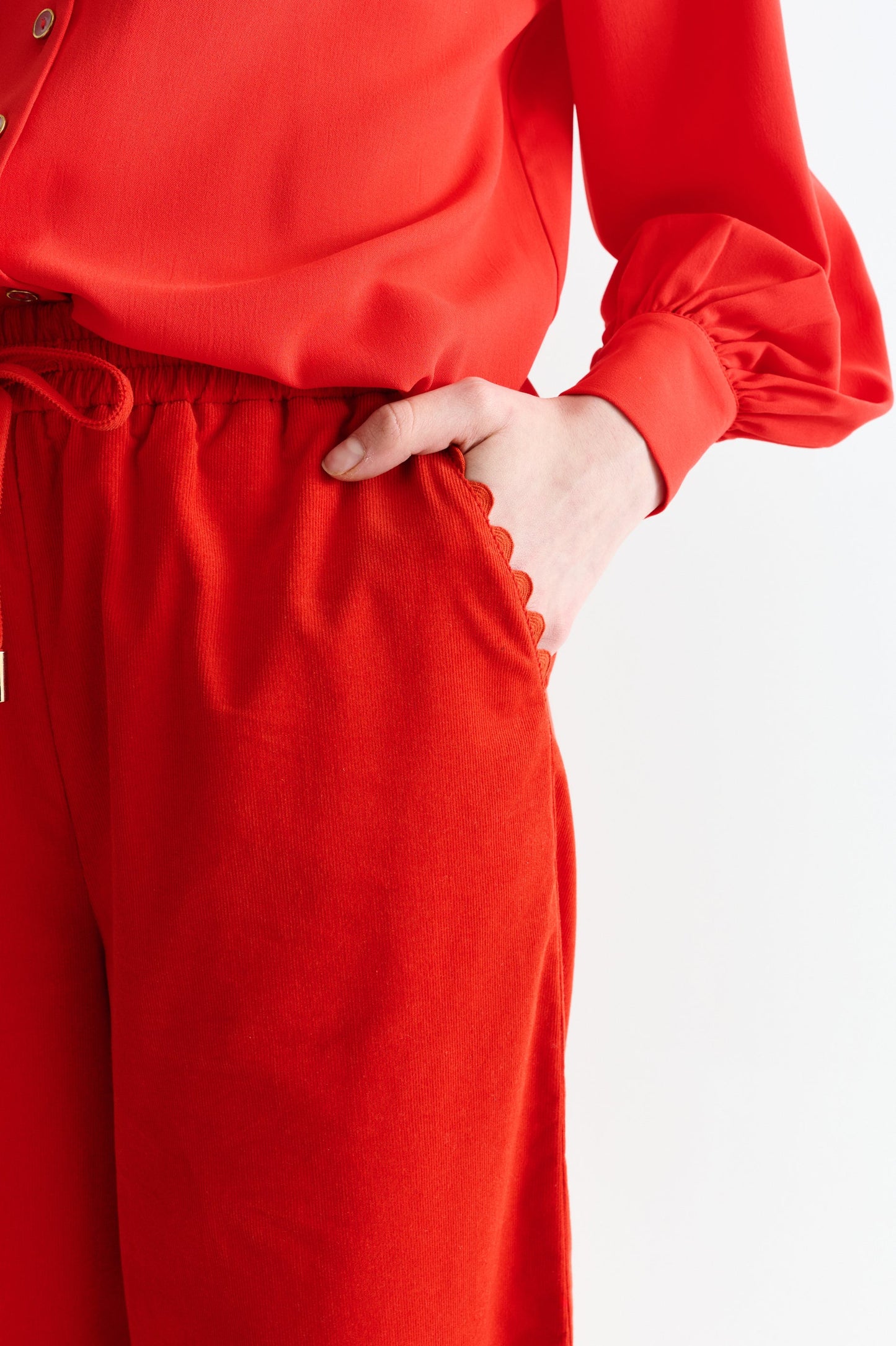 Red Babycord Ric Rac Trim Wide Leg Trousers