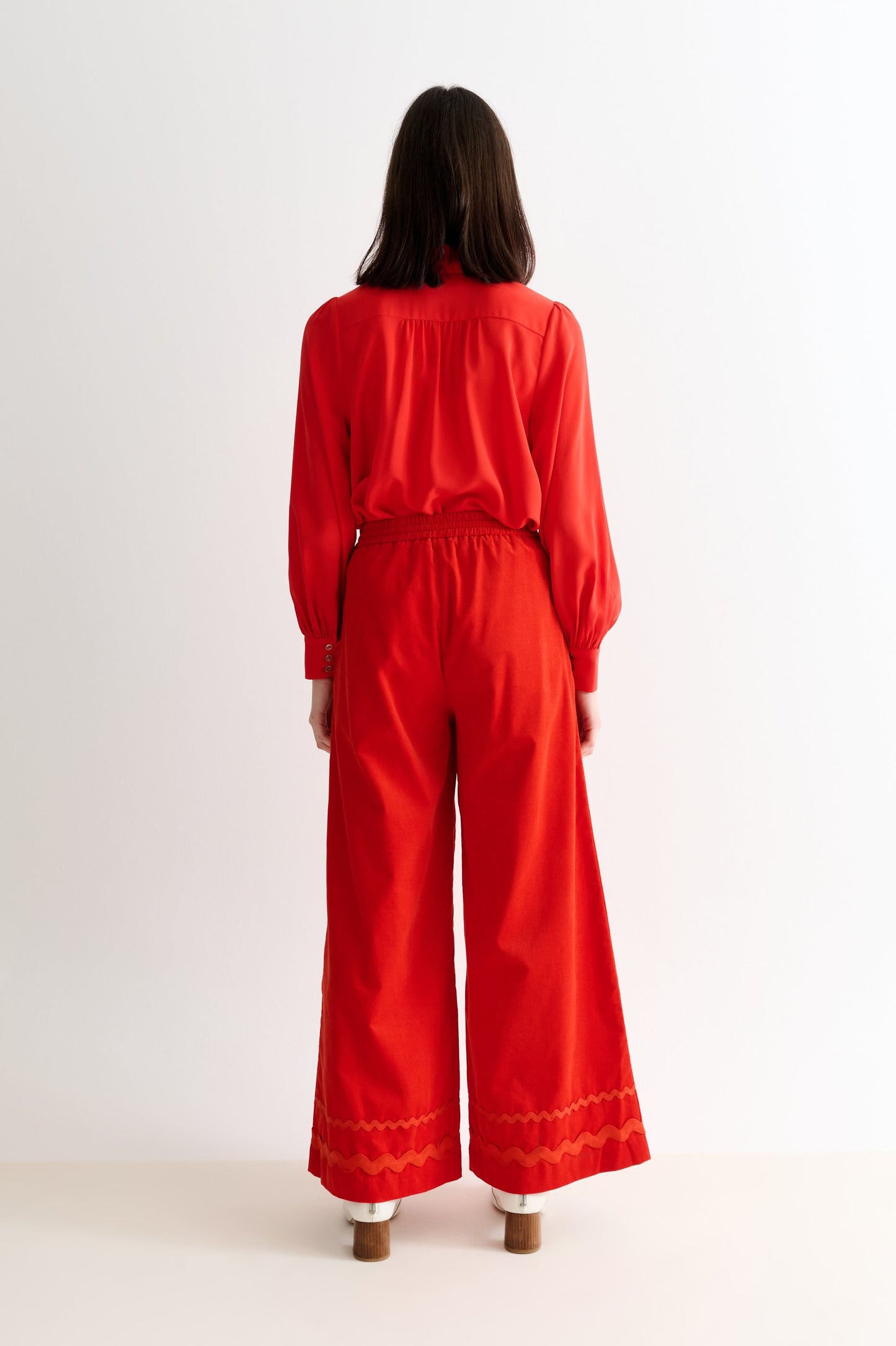 Red Babycord Ric Rac Trim Wide Leg Trousers