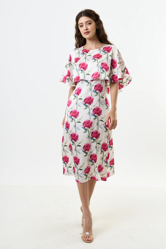 Loveflower Print Cape Midi Dress