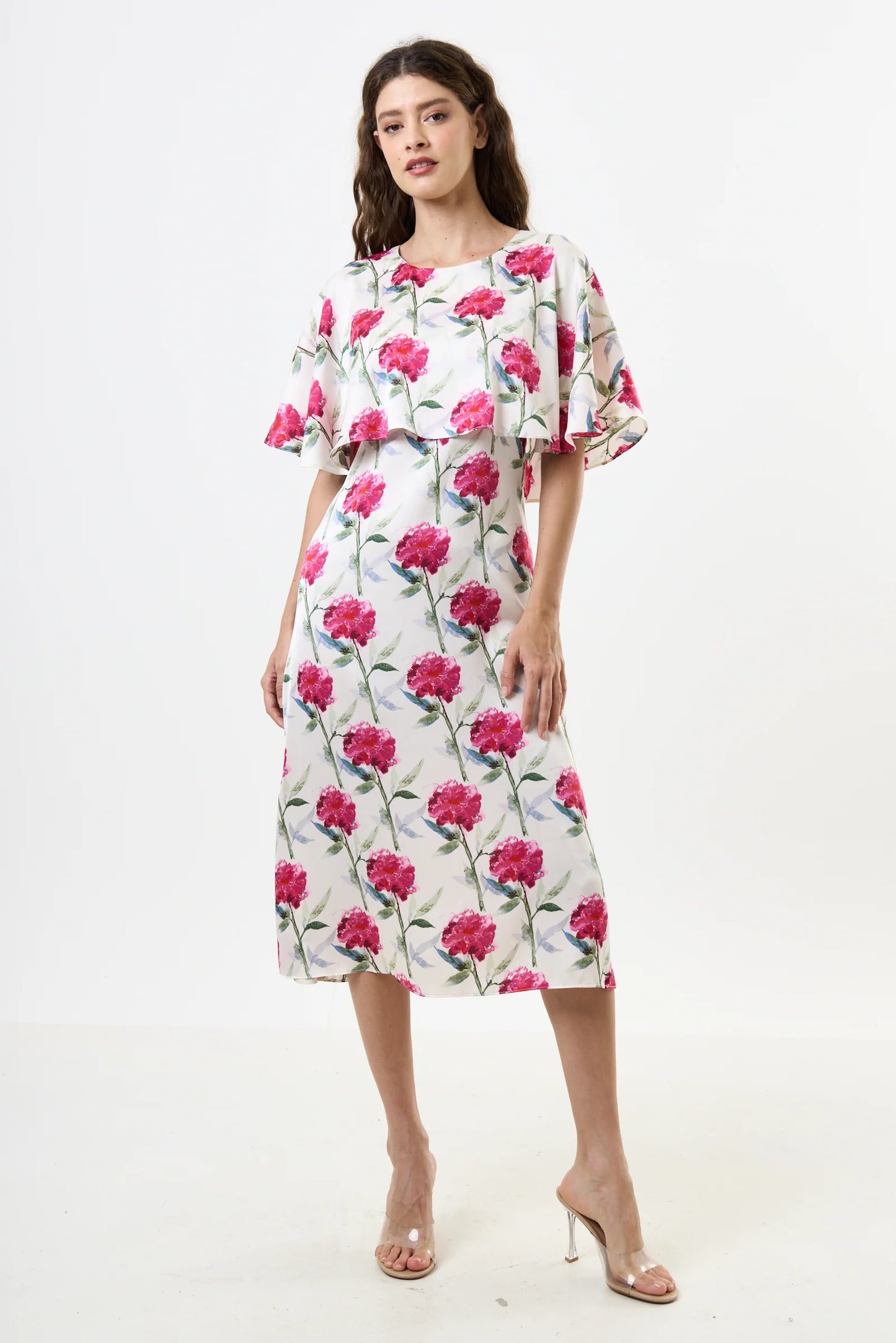 Loveflower Print Cape Midi Dress