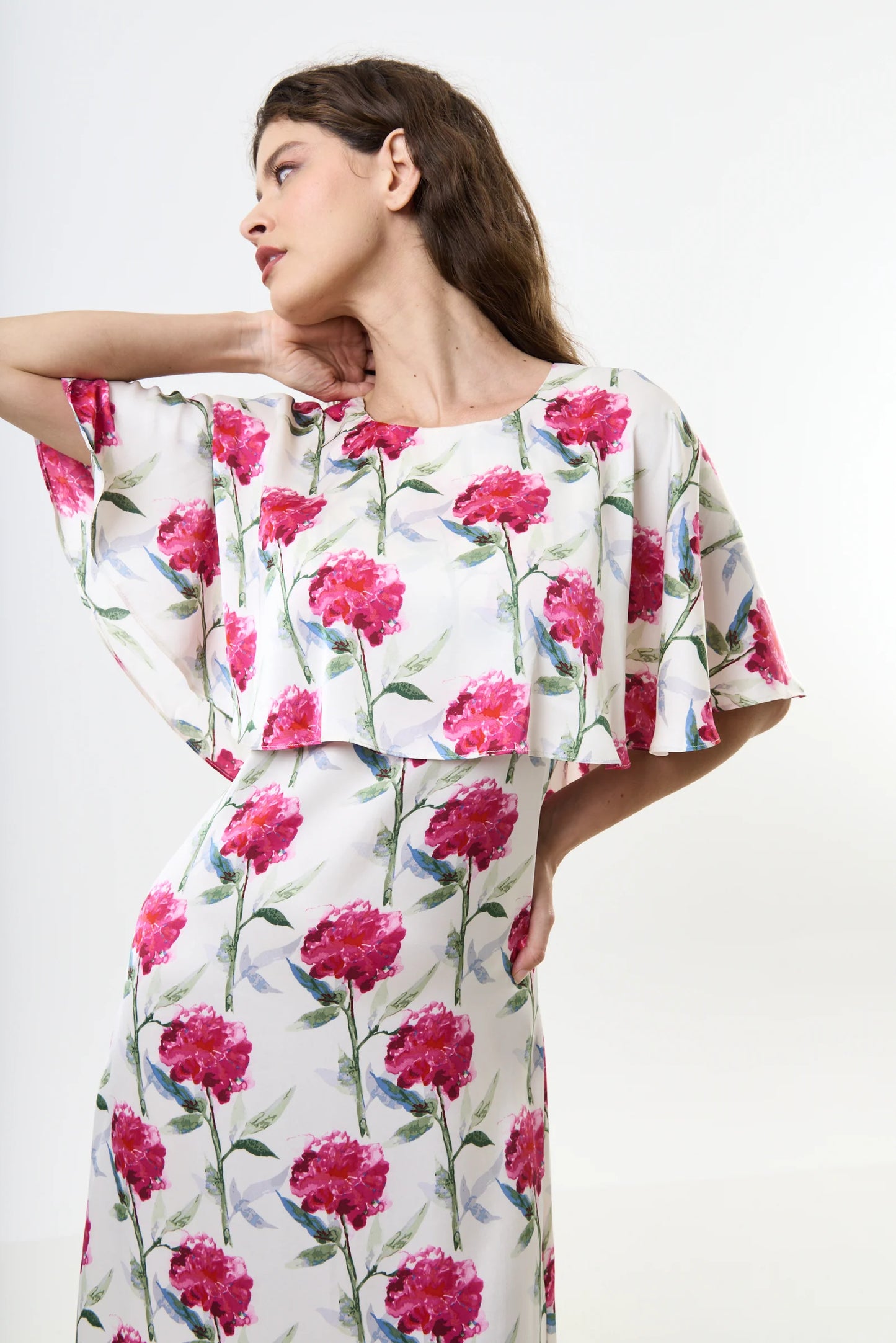 Loveflower Print Cape Midi Dress