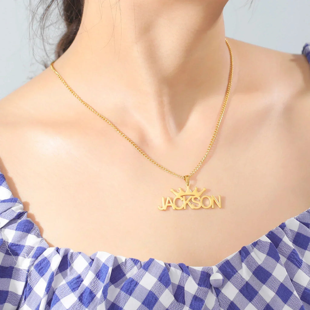 Crown Personalized Custom Name Necklace - Available in Gold or Silver