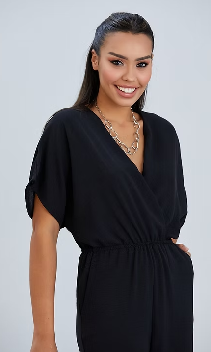 Batwing Sleeve Elasticated Waist Jumpsuit - Black - By Jenerique